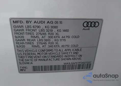 2015 Audi Q7 3.0T Premium from USA, damaged, VIN WA1LGAFE7FD027337